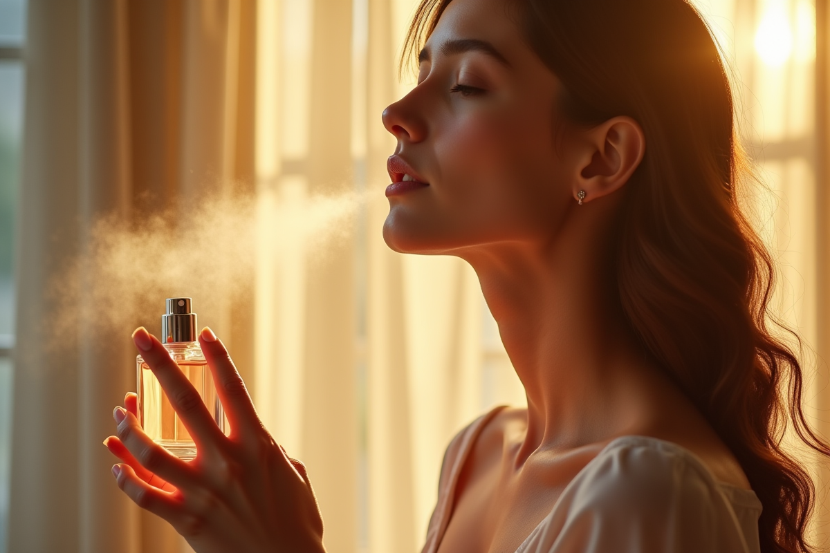 Femme vaporisant du parfum sur le cou au matin