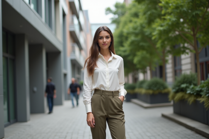 Femme élégante en ville avec pantalon taille haute