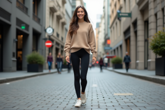 Jeune femme souriante en leggings dans la ville