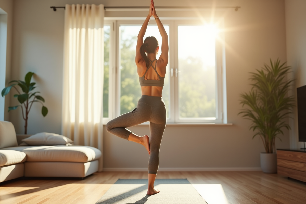 Femme pratiquant le yoga dans un salon lumineux