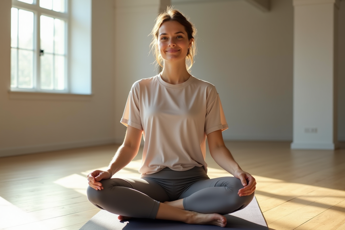 Femme souriante en leggings dans un studio de yoga lumineux