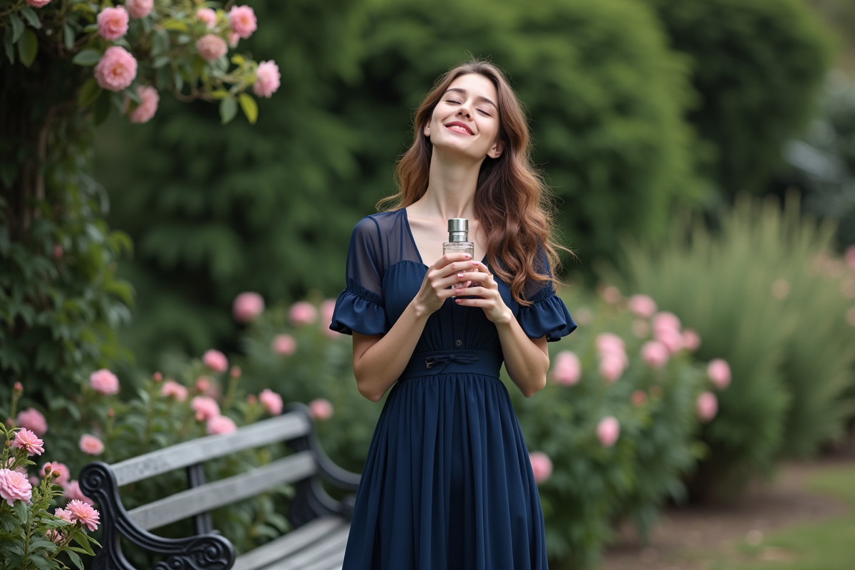 Jeune femme dans un jardin fleuri tenant un parfum