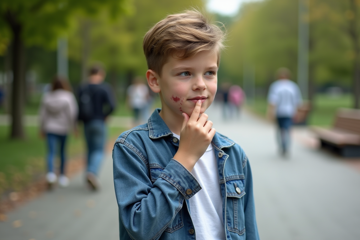 Adolescent regardant une cicatrice sur sa joue dans un parc