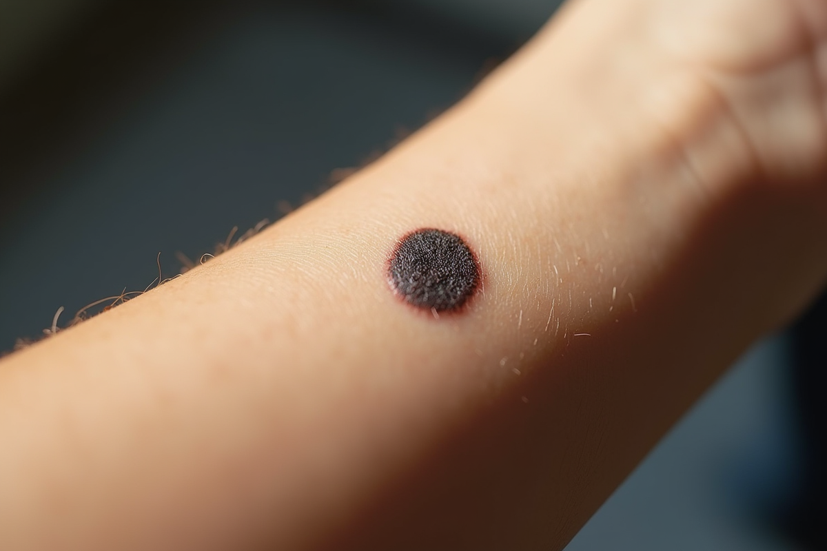 Premier plan d'une peau avec un grain de beauté sombre et irrégulier