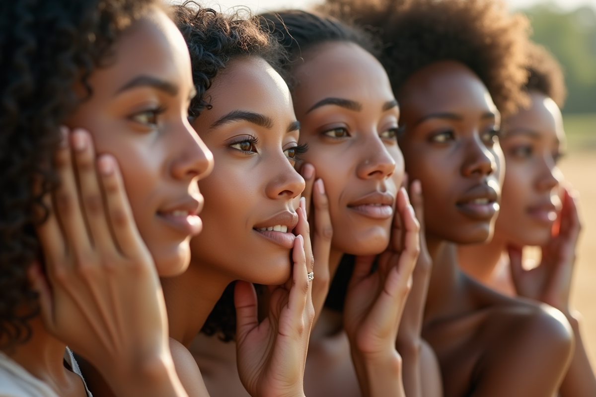 Groupe diversifié touchant leur visage en extérieur au matin