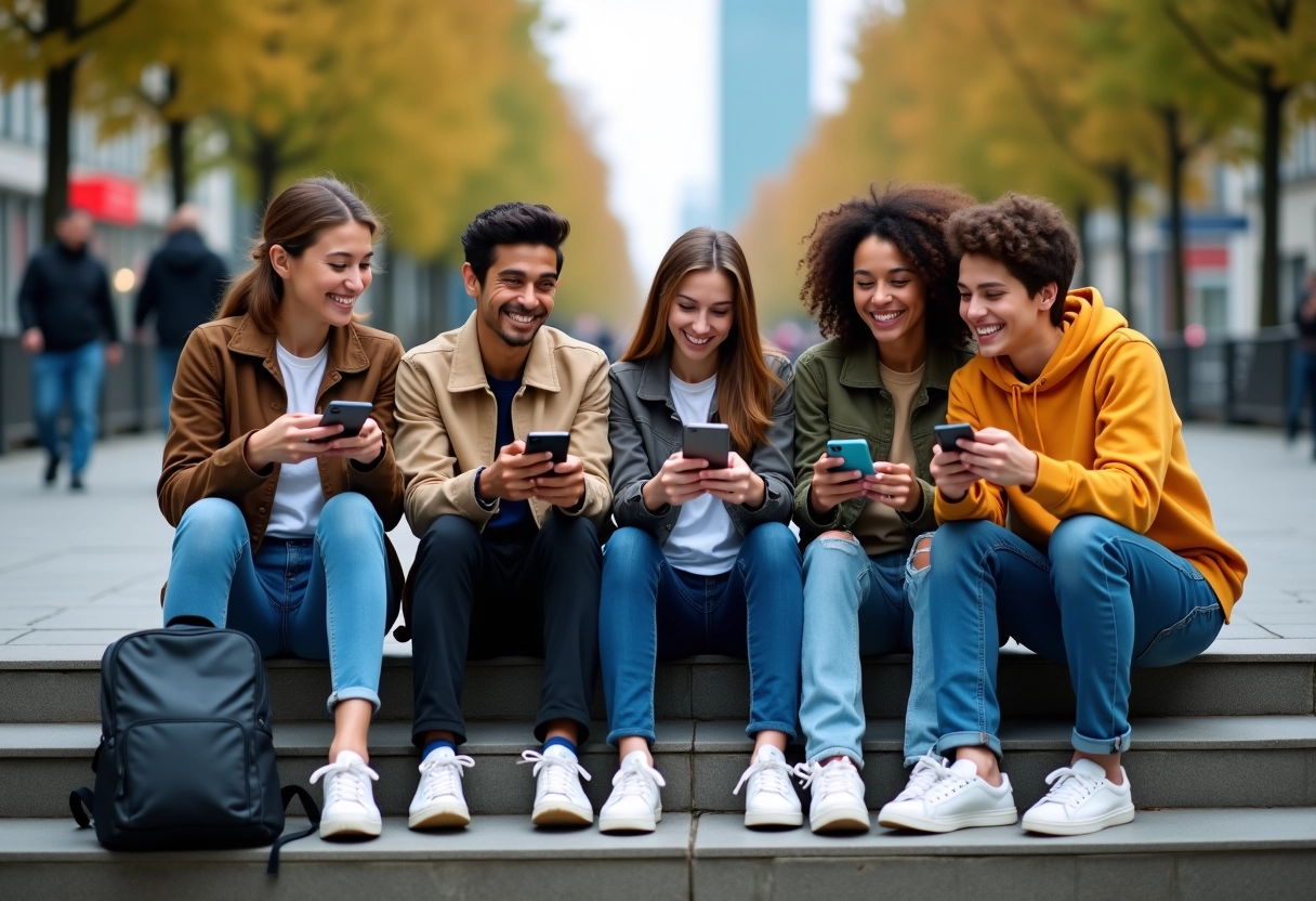 Groupe de jeunes adultes riant et partageant des posts en ville