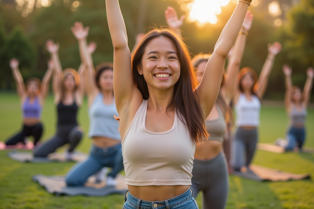 Groupe de yoga en extérieur avec femme souriante