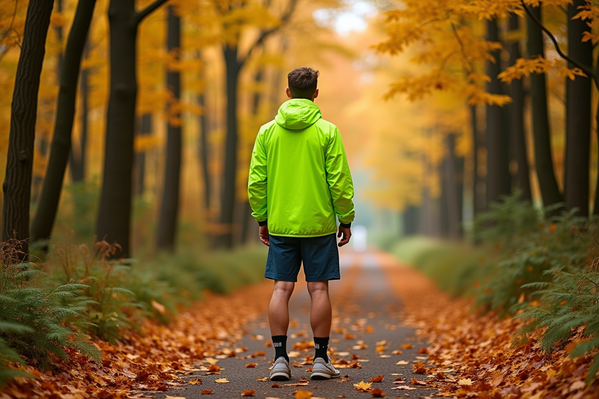 Homme sur un sentier automnal portant veste verte fluo