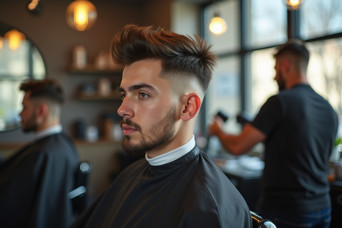 Jeune homme coiffé d'un fade moderne dans un salon lumineux