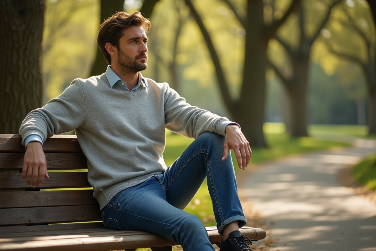 Homme détendu assis sur un banc dans un parc ensoleille
