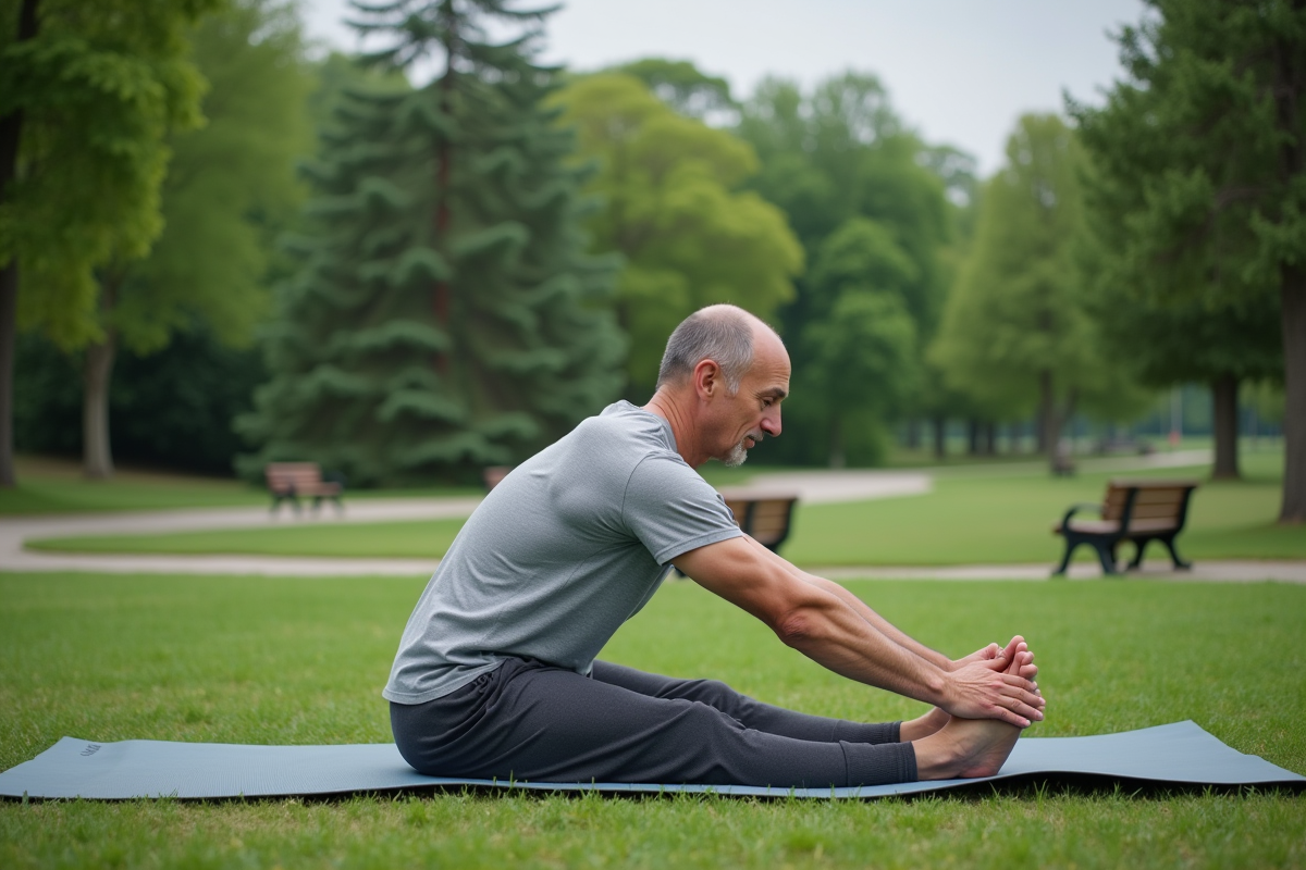 Homme en étirement dans un parc verdoyant