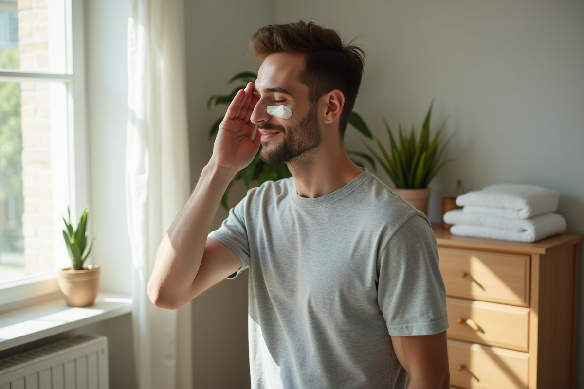 Jeune homme appliquant une creme hydratante dans sa chambre