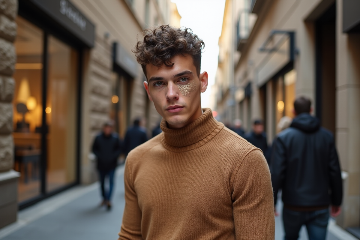 Homme tendance avec maquillage métallique dans une rue urbaine animée