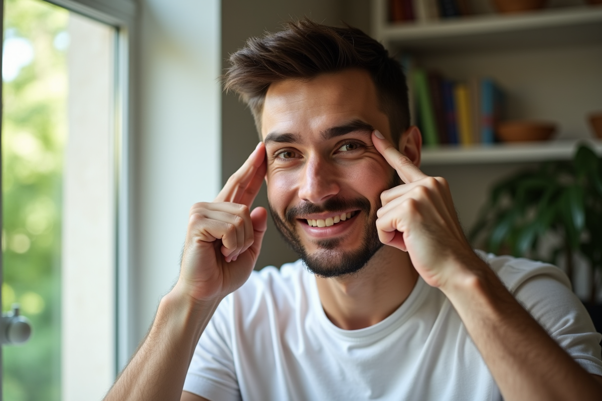 Homme se massant doucement sous les yeux à la lumière naturelle