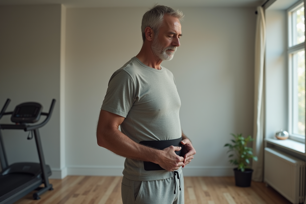 Homme appliquant un masseur sur son ventre dans une salle de sport
