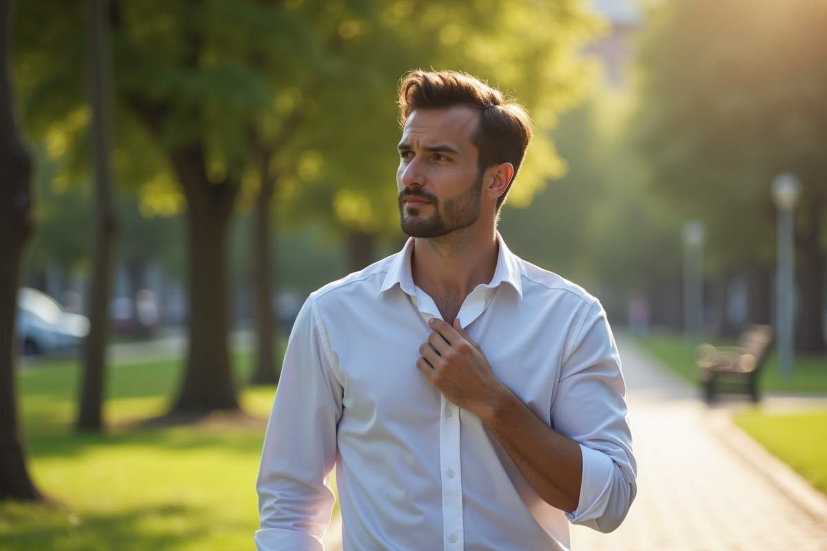 Homme confiant marchant dans un parc urbain en plein soleil