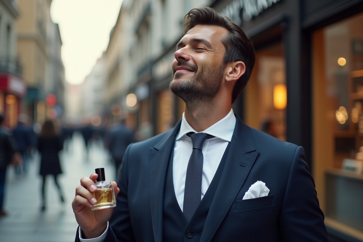 Homme en costume avec parfum dans une rue urbaine animée