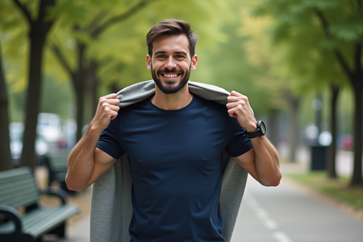 Homme en plein air ajustant sa veste dans un parc
