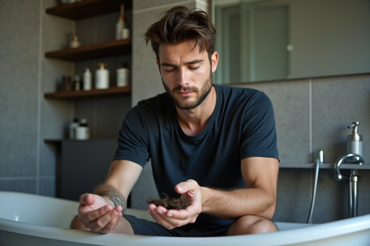 Homme regarde une mèche de cheveux dans sa main dans la salle de bain