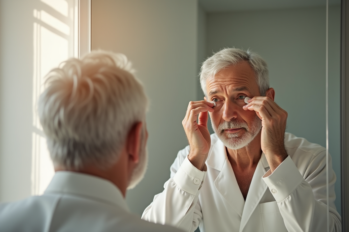 Homme appliquant crème pour les yeux dans la salle de bain
