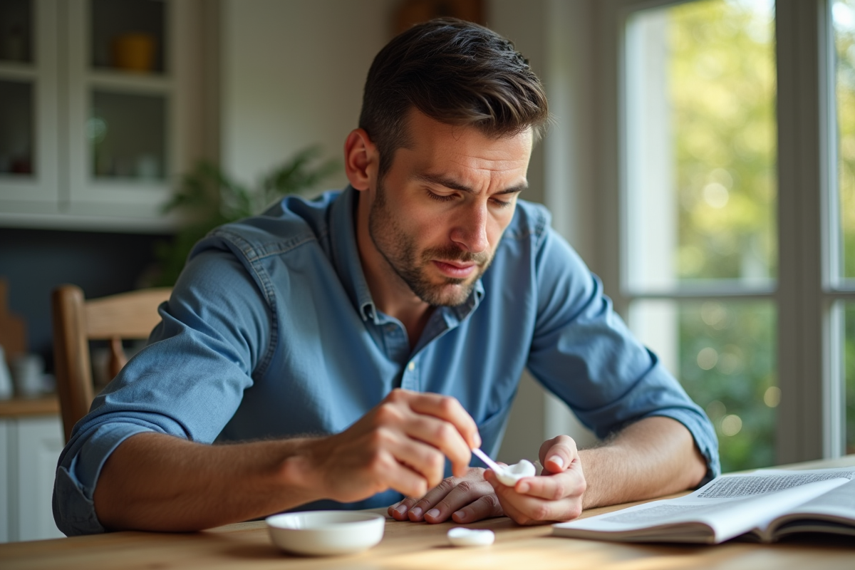 Homme appliquant un remède naturel sur son visage à la cuisine