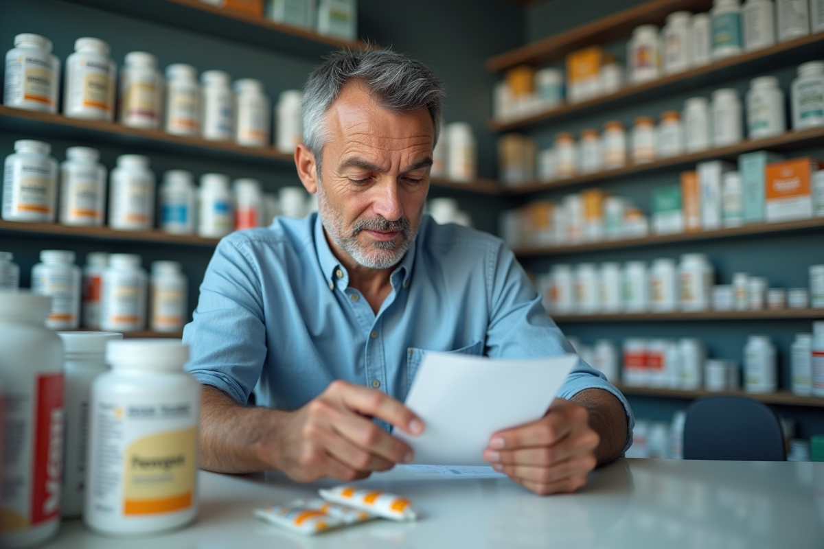 Homme étudie étiquettes de protéines en pharmacie