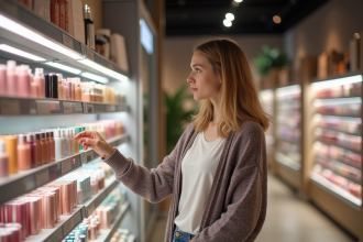 Jeune femme dans une boutique de beauté avec rayon vide
