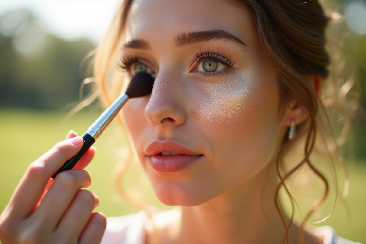 Jeune femme appliquant un highlighter naturel visage