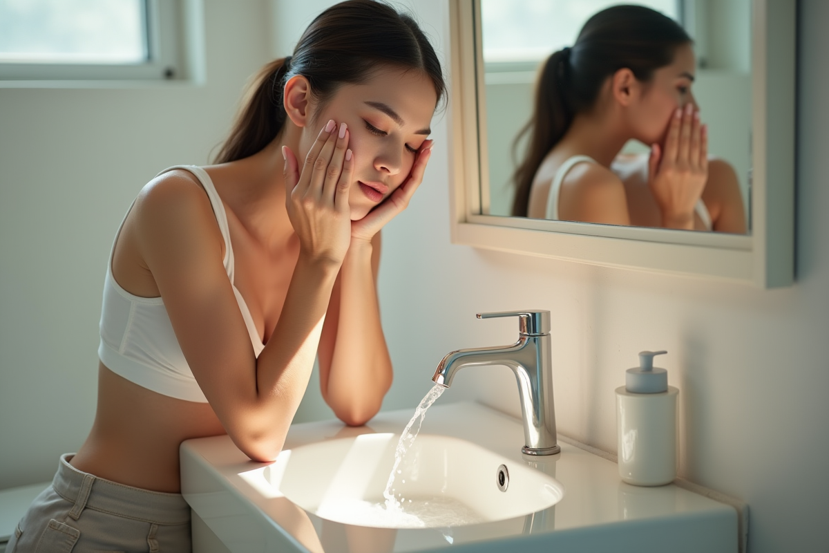 Jeune femme rinçant son visage à la salle de bain