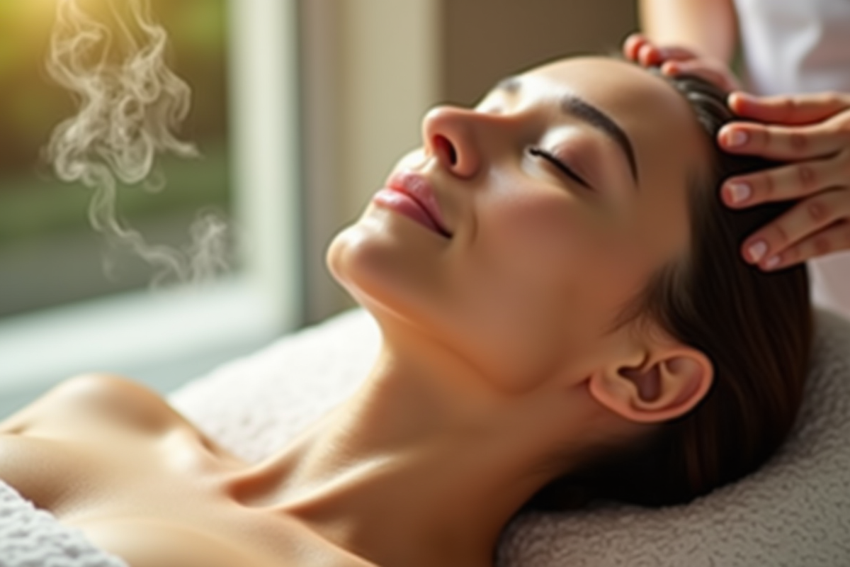 Jeune femme recevant un massage du cuir chevelu dans un spa