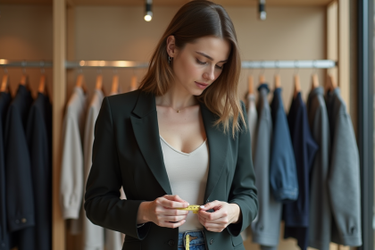 Jeune femme en boutique mesure sa taille avec un ruban