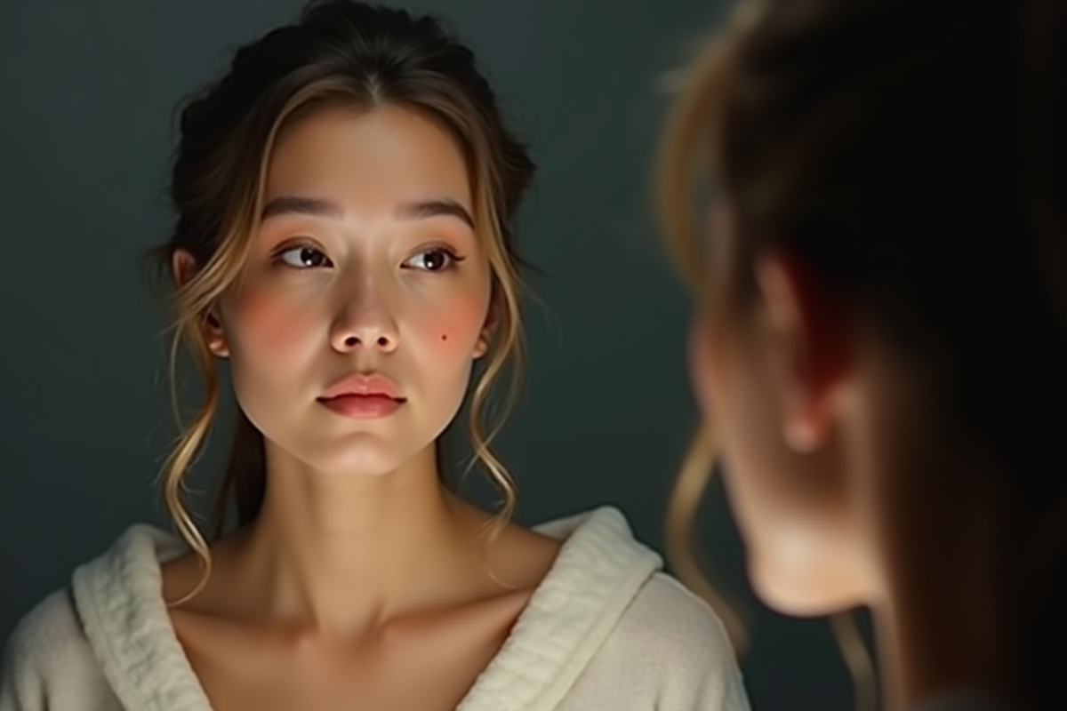 Jeune femme regardant son reflet dans un miroir bien éclairé