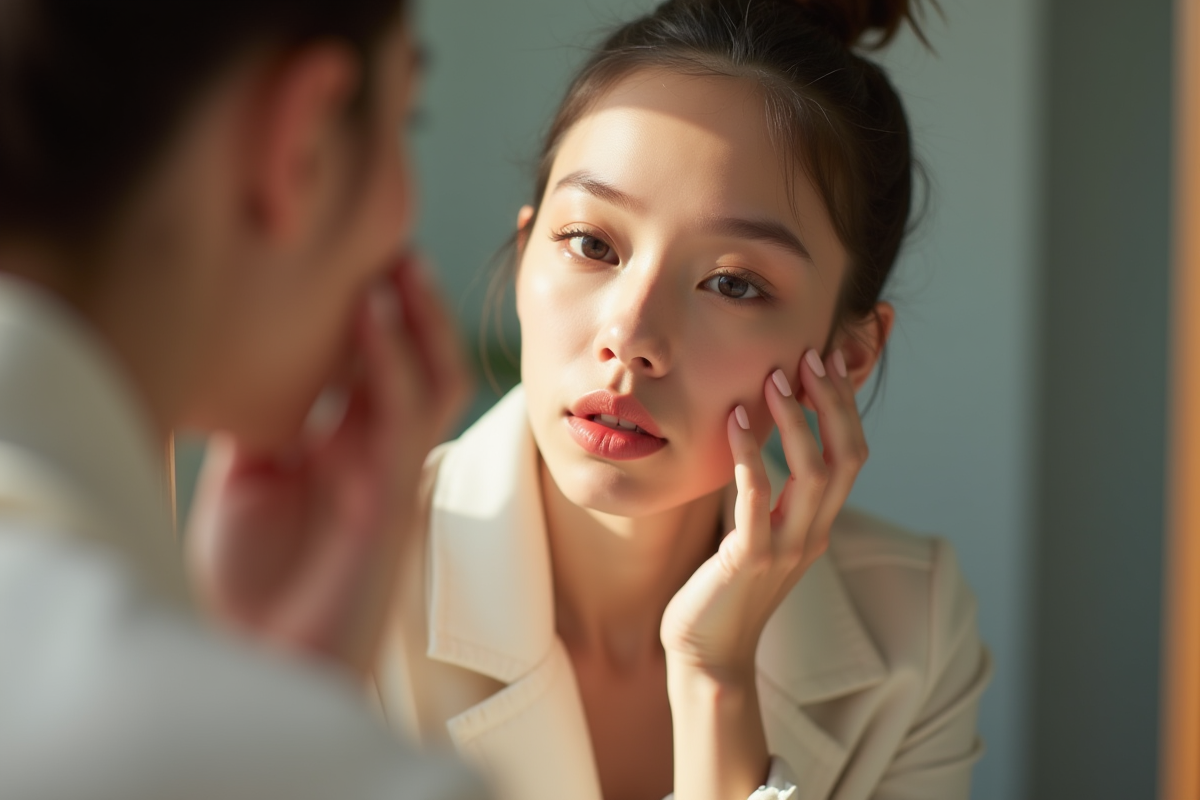 Jeune femme examinant ses lèvres postcosmetique au miroir