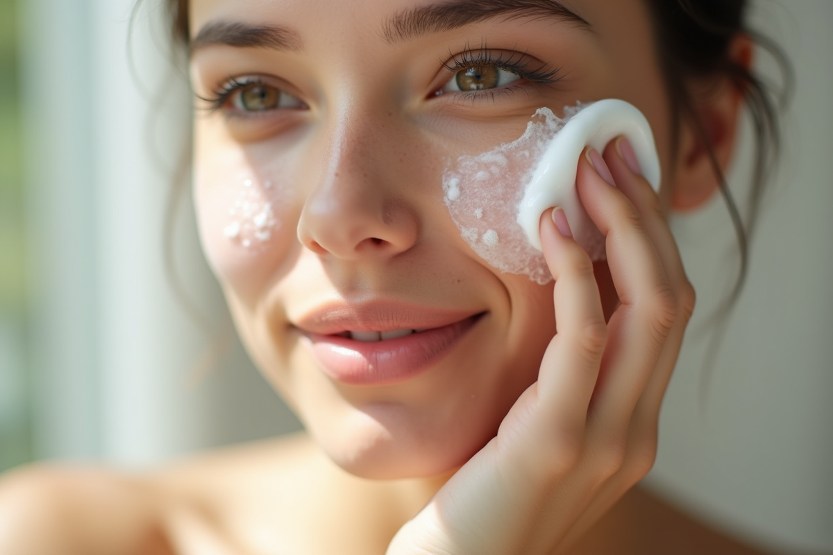 Jeune femme nettoyant son visage avec un nettoyant moussant