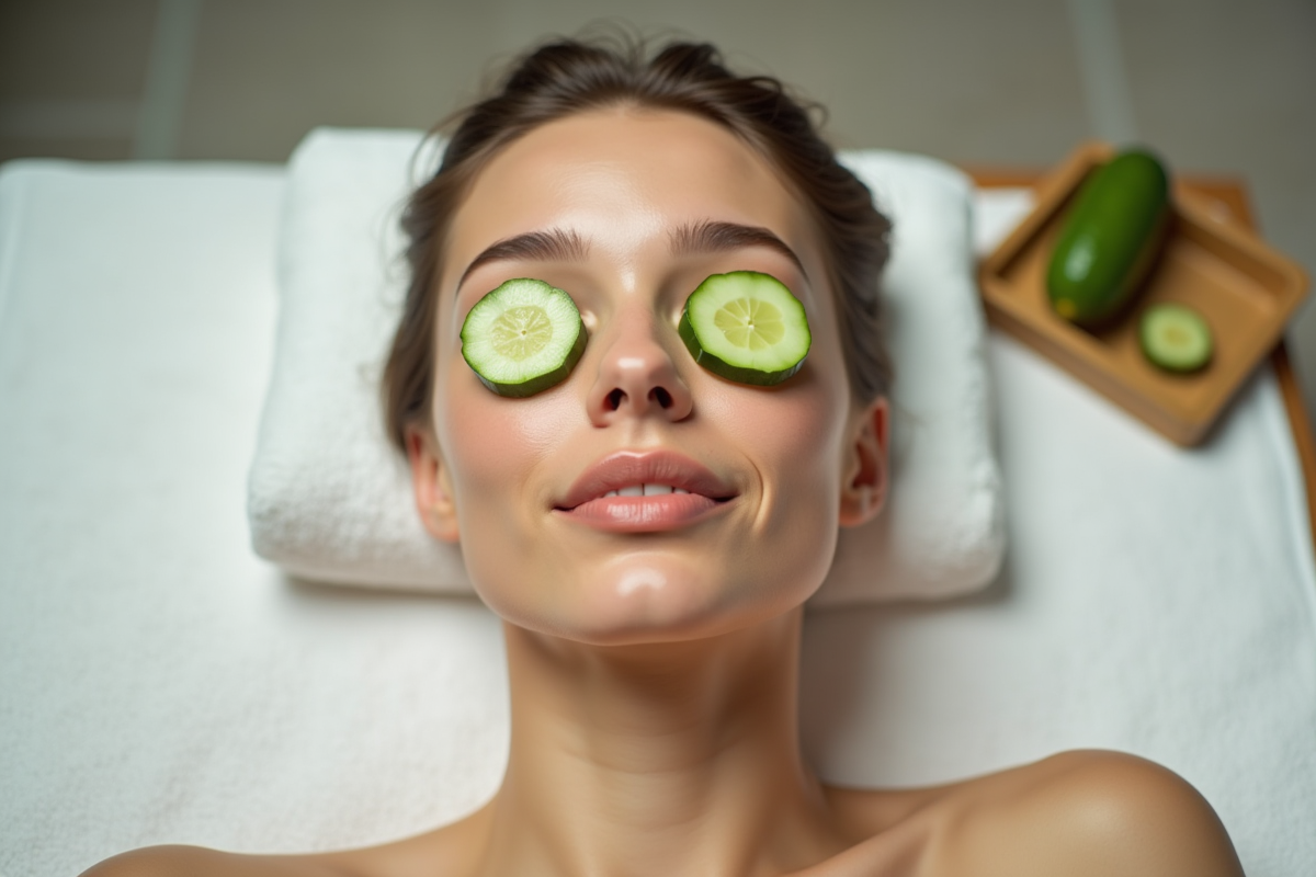 Jeune femme au visage naturel avec concombre sur les yeux