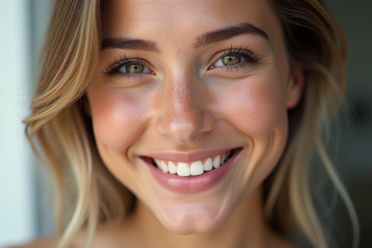 Jeune femme souriante avec peau éclatante et maquillage naturel
