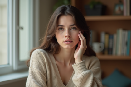 Jeune femme regardant son visage avec une cicatrice