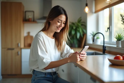 Jeune femme souriante utilisant son smartphone dans un appartement moderne