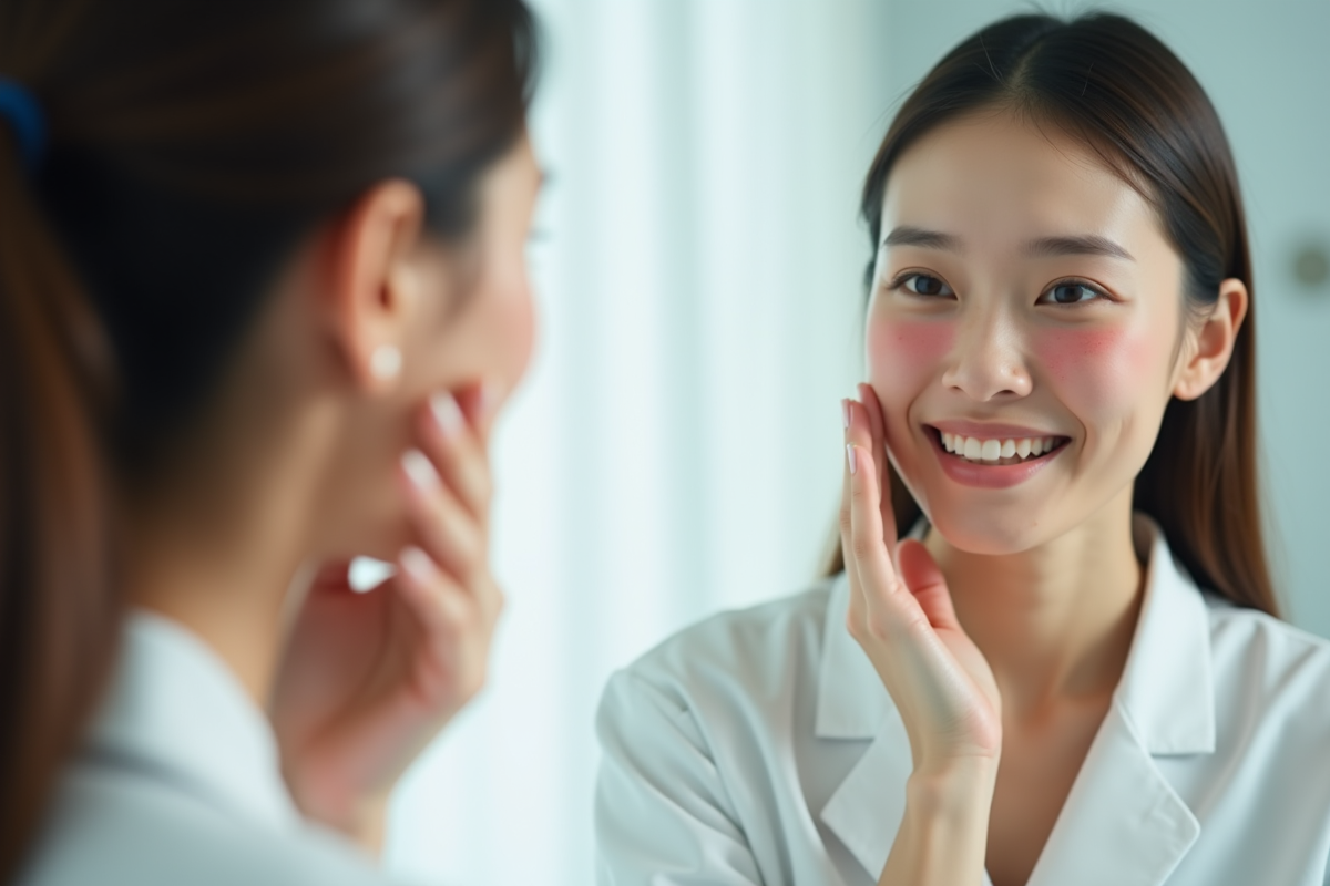 Jeune femme dans une clinique examine sa peau dans un miroir