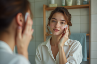 Jeune femme examine son visage dans le miroir de la salle de bain