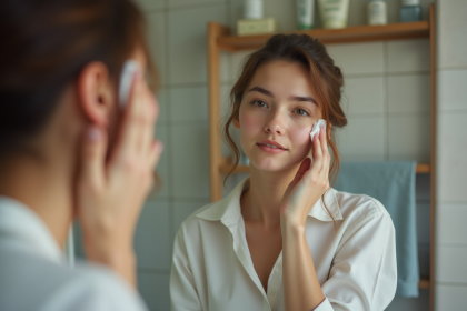 Jeune femme examine son visage dans le miroir de la salle de bain