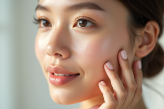 Jeune femme touchant sa joue lumineuse et lisse visage