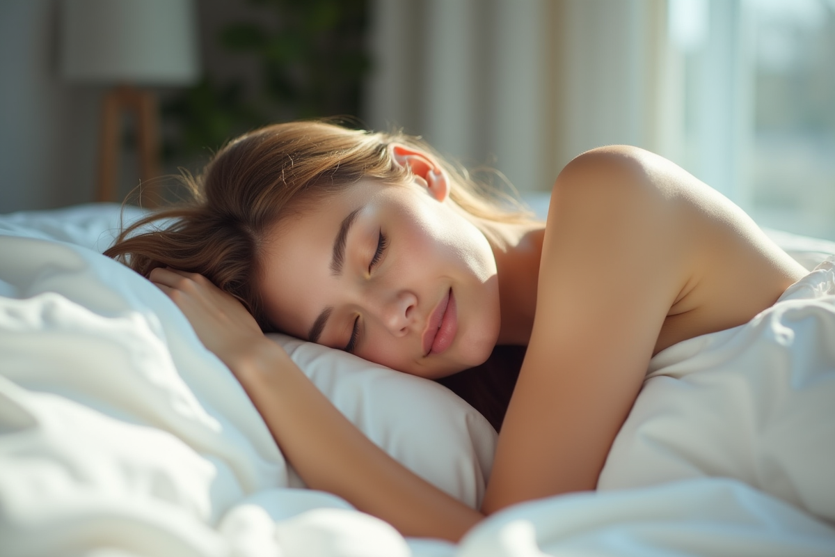 Jeune femme dormant paisiblement sur des draps blancs lumineux