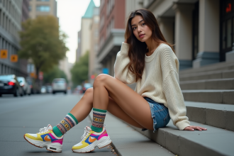 Jeune femme assise sur des marches en ville avec sneakers colorés