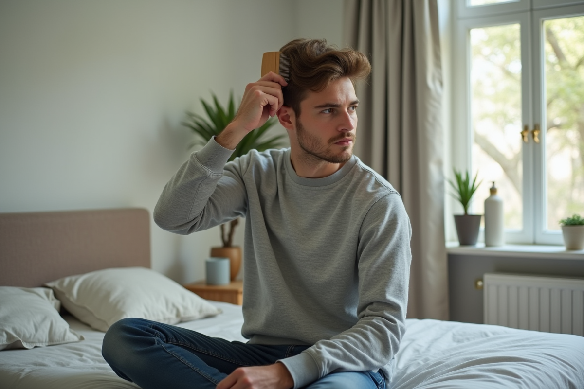 Jeune homme se coiffant dans sa chambre lumineuse