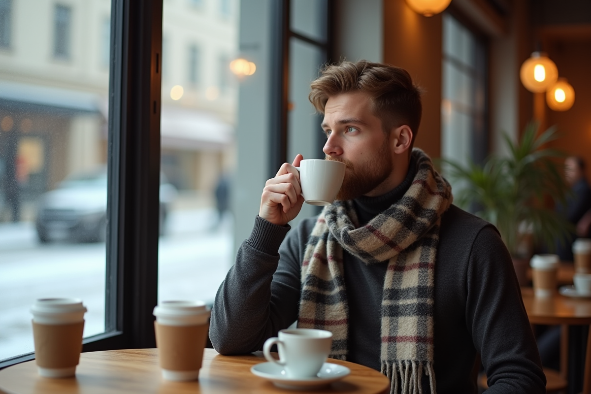 Jeune homme dans un café moderne en hiver