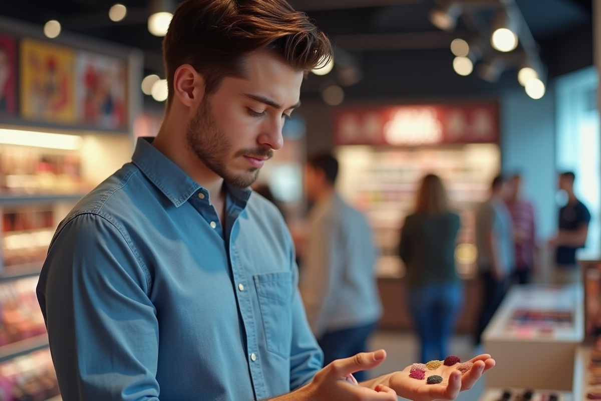 Jeune homme examinant des swatches de maquillage