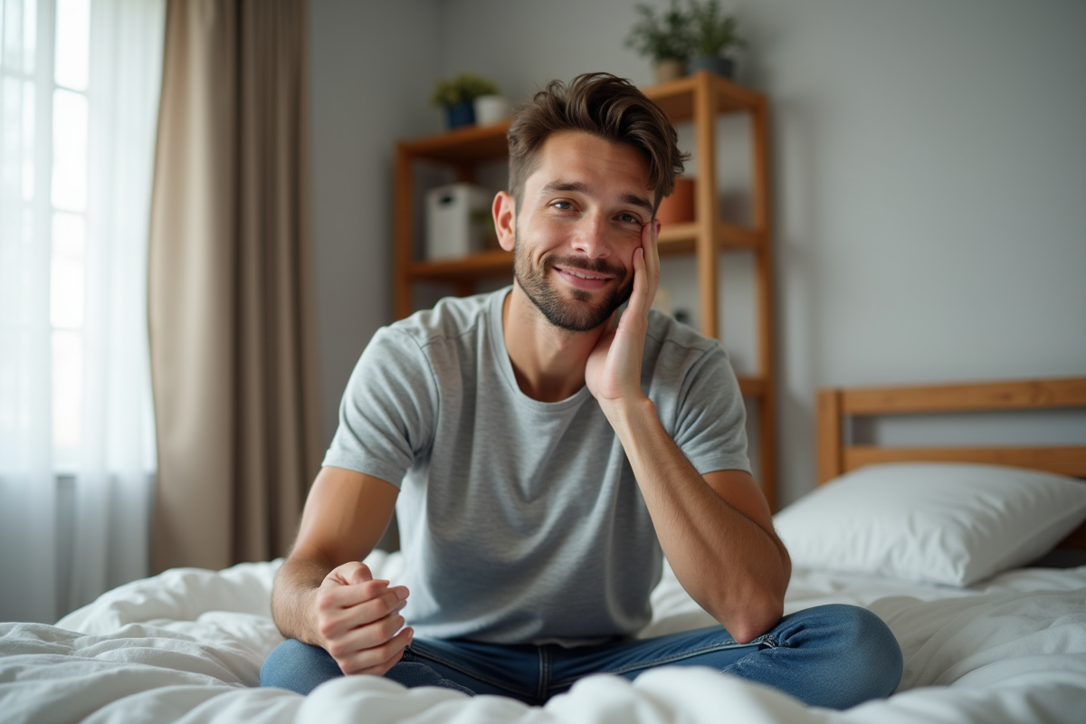 Jeune homme souriant assis sur son lit au matin