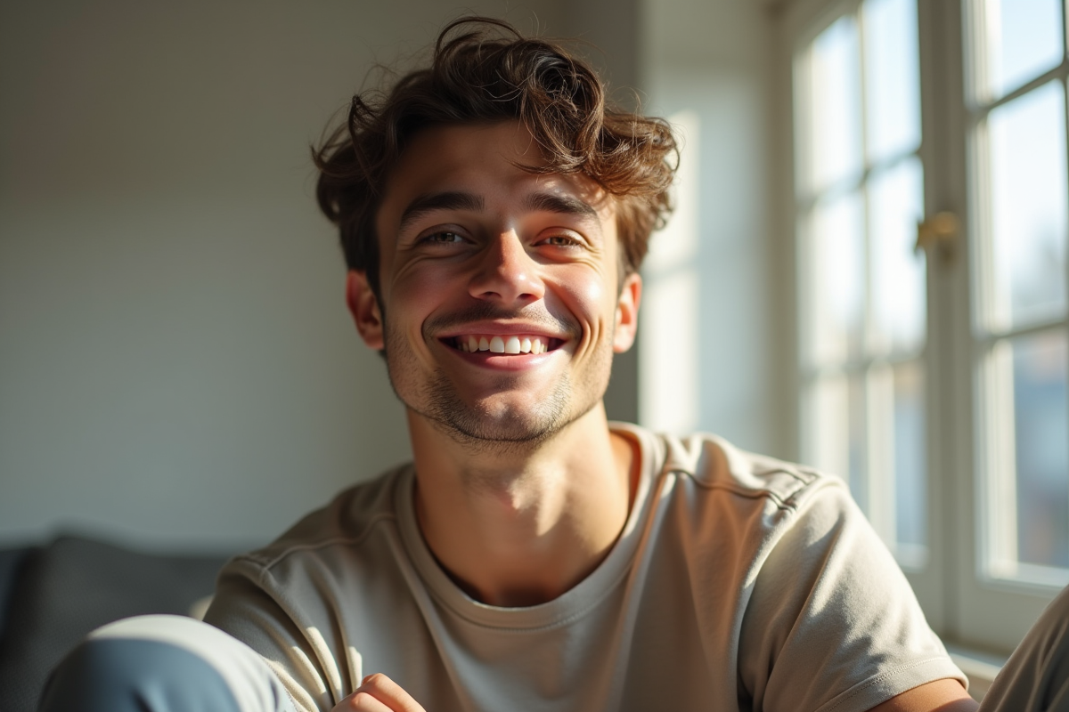 Jeune homme détendu posant en studio avec lumière naturelle