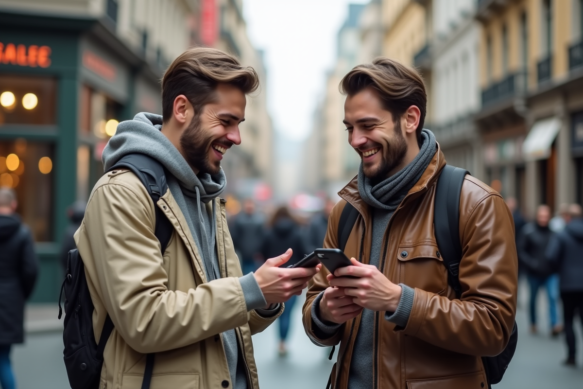 Jeune homme riant en échangeant des messages en ville